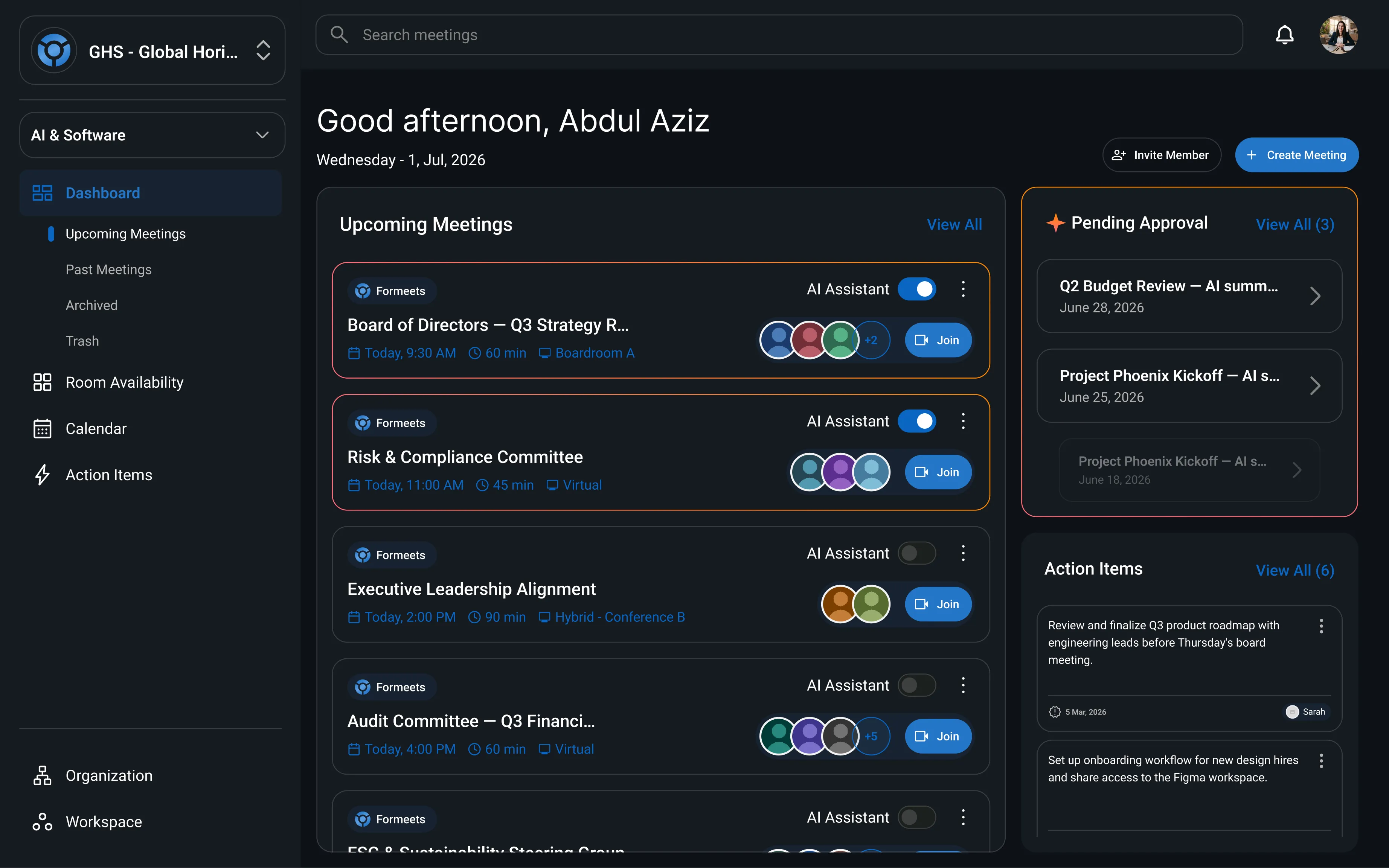 ForMeets dashboard shown on the kiosk view