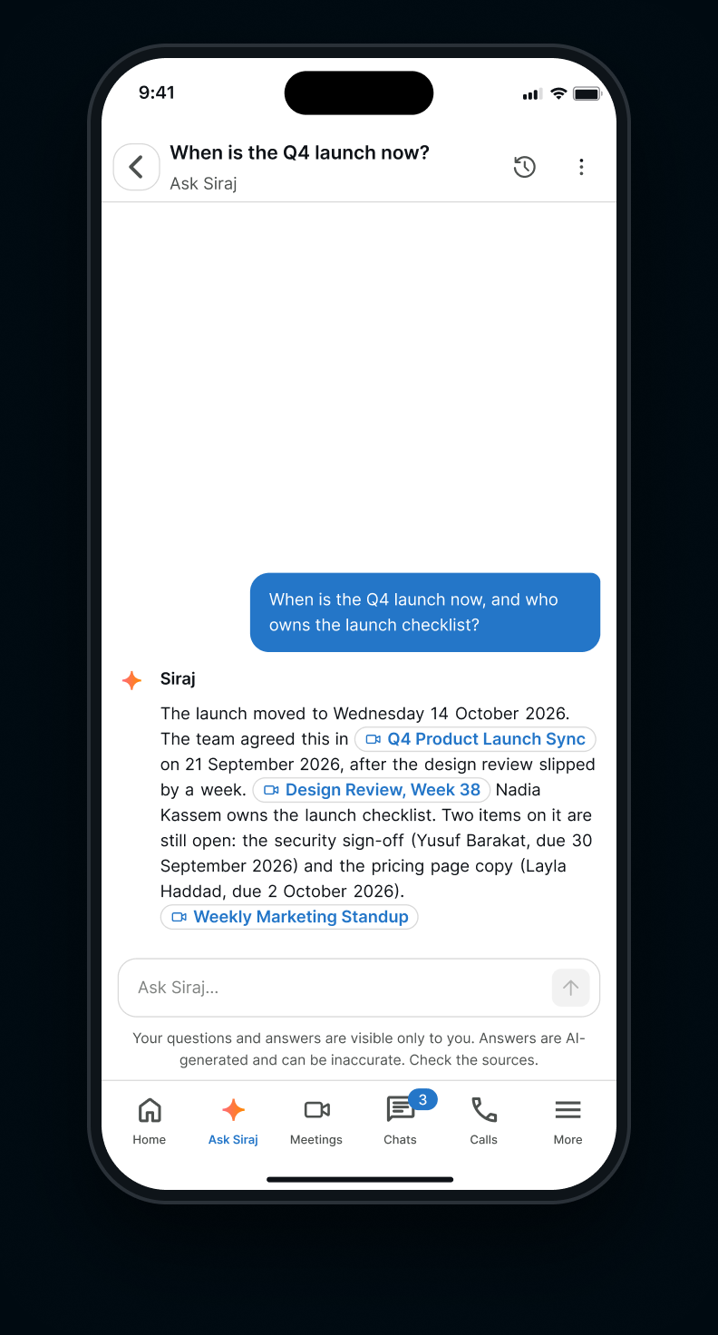 Ask Siraj in the ForMeets mobile app, answering a question with links to the source meetings