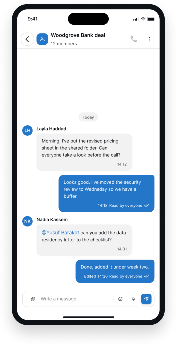 A ForMeets group chat on a phone, with team members sharing updates about a deal