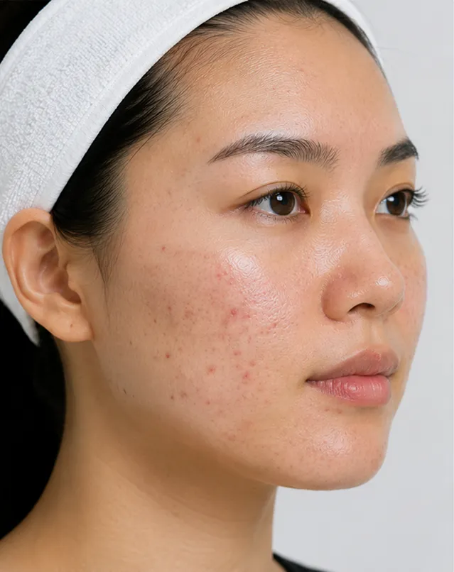 Close-up of a woman's face with mild acne and a white headband on a neutral background.