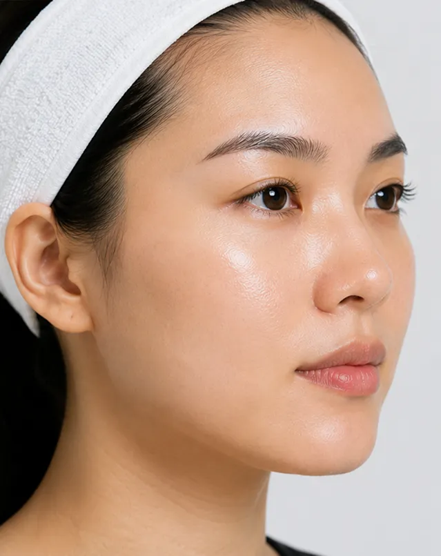 Close-up of a woman with clear, glowing skin wearing a white headband against a gray background.