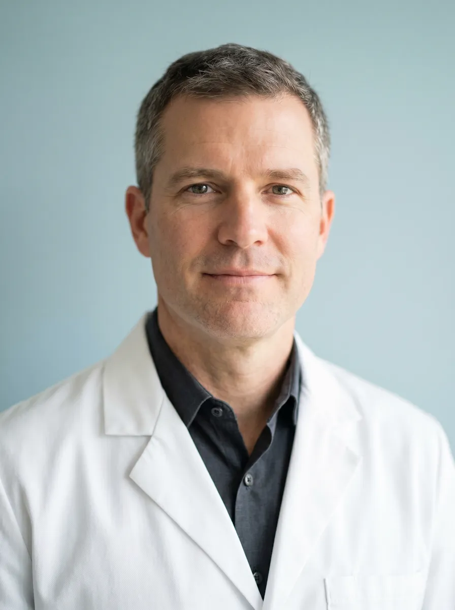 Middle-aged man in a white lab coat and dark shirt against a light blue background.