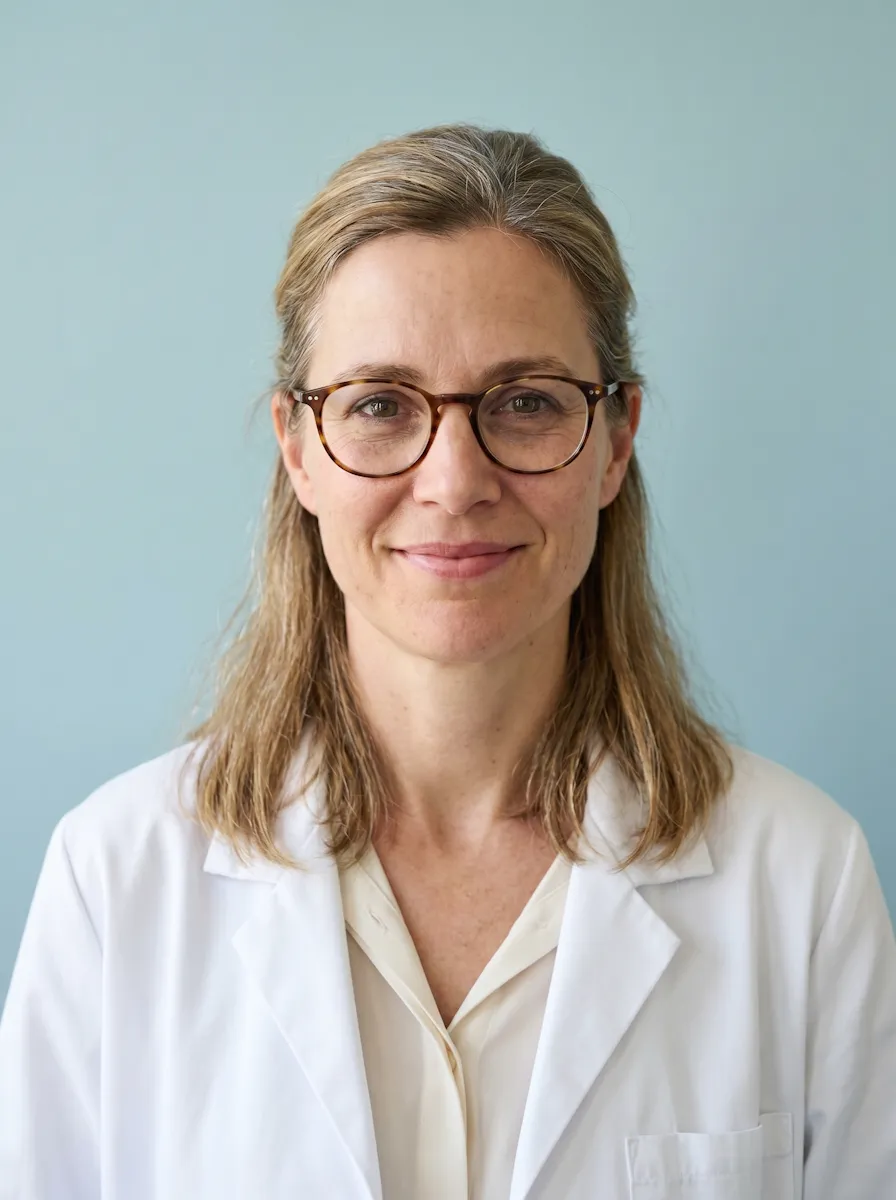 Smiling middle-aged woman wearing glasses and a white lab coat against a light blue background.