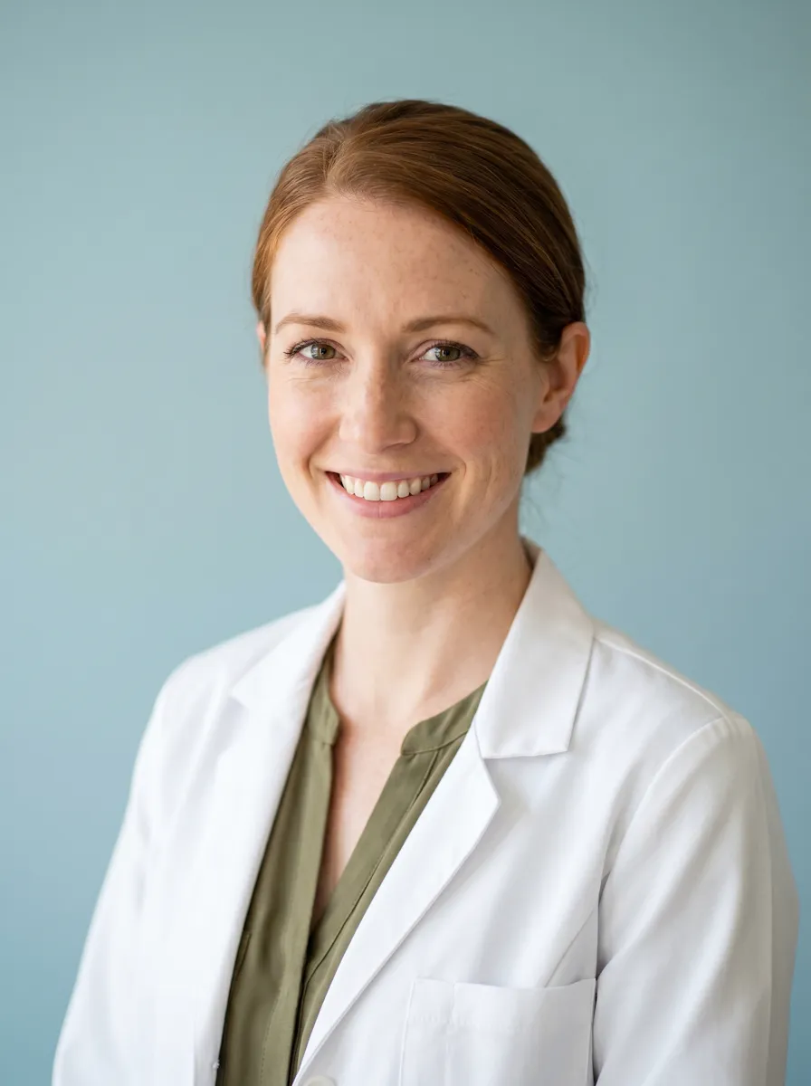 Smiling woman with red hair in a white lab coat and green shirt against a light blue background.