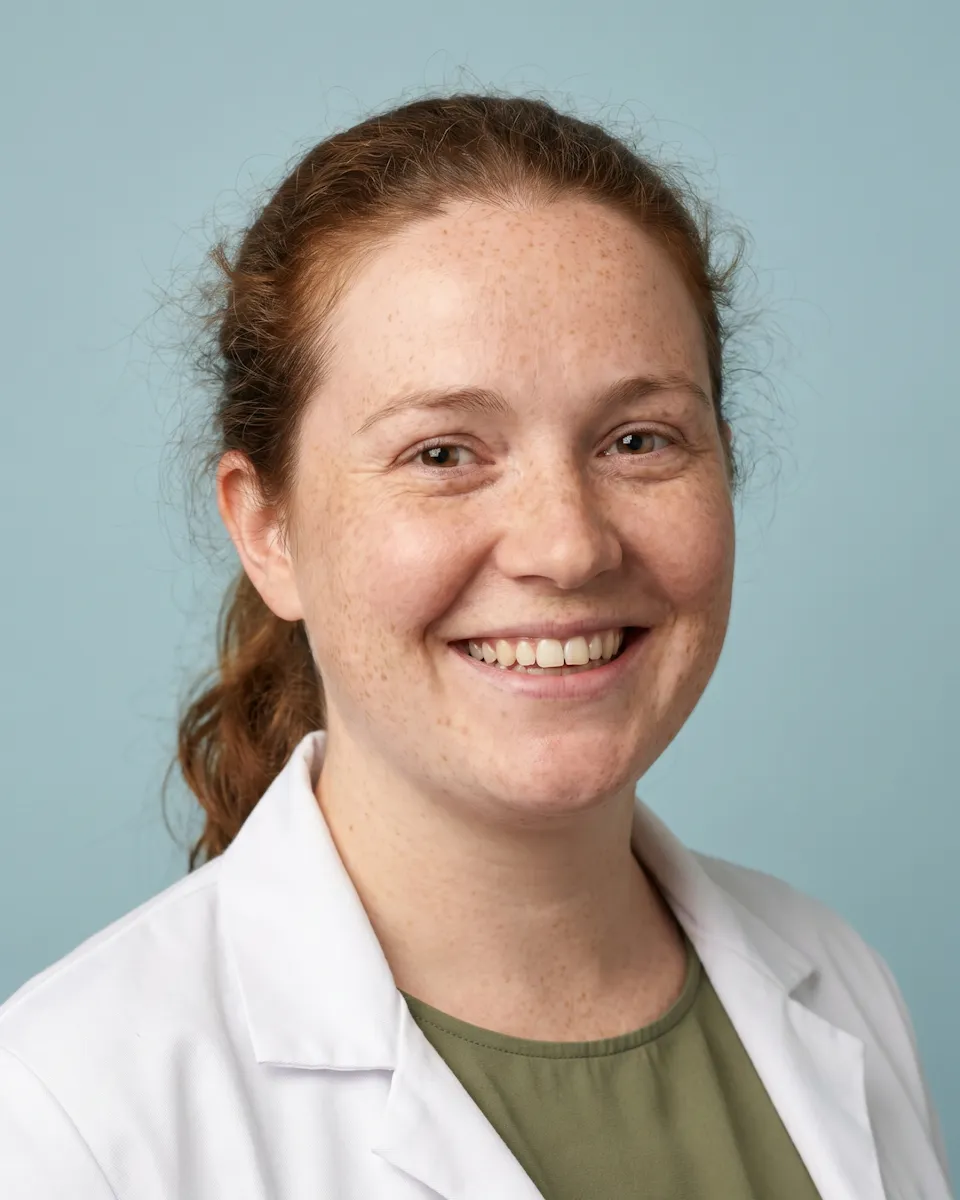 Smiling woman with freckles wearing a white lab coat and green shirt against a blue background.