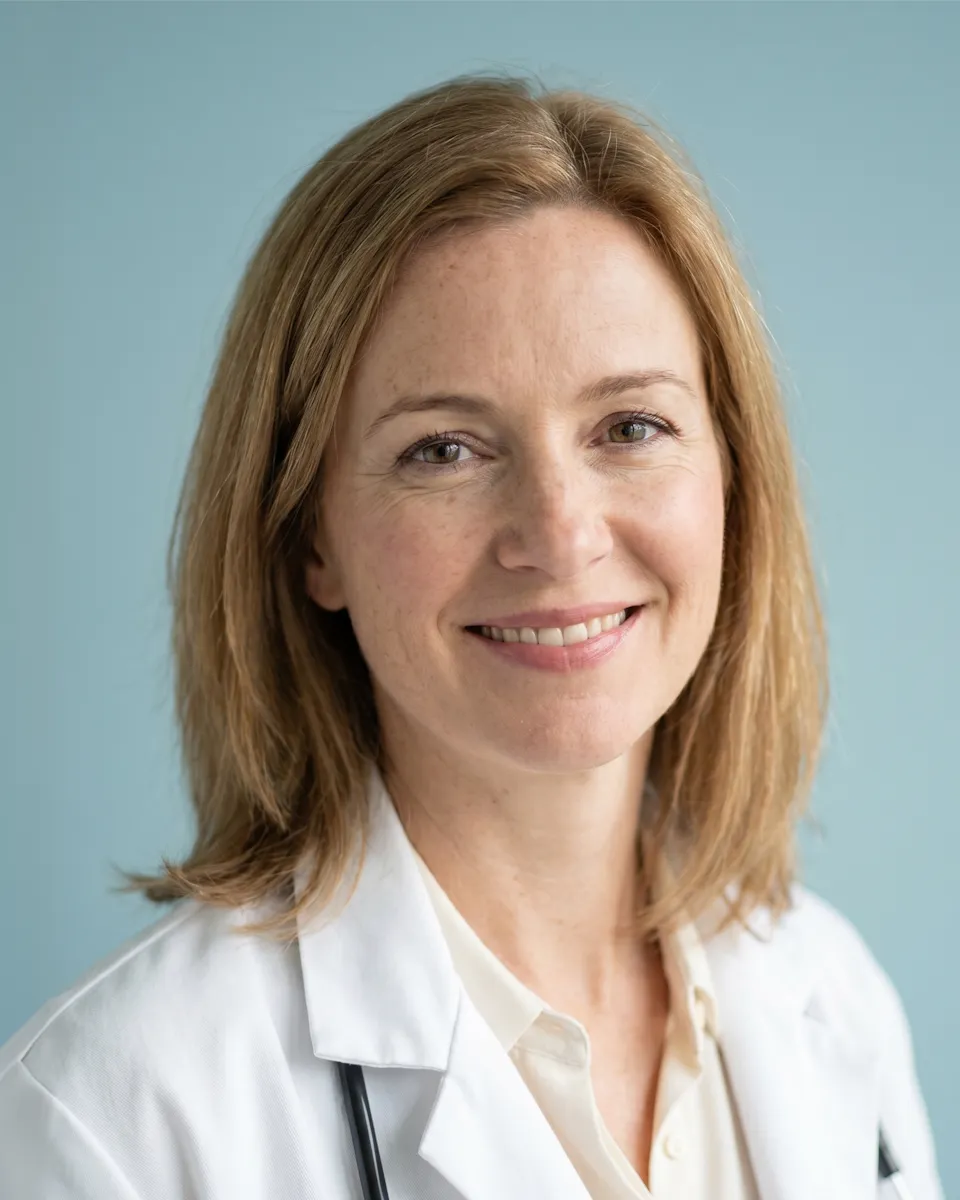Smiling female doctor with light brown hair wearing a white coat and stethoscope against a blue background.