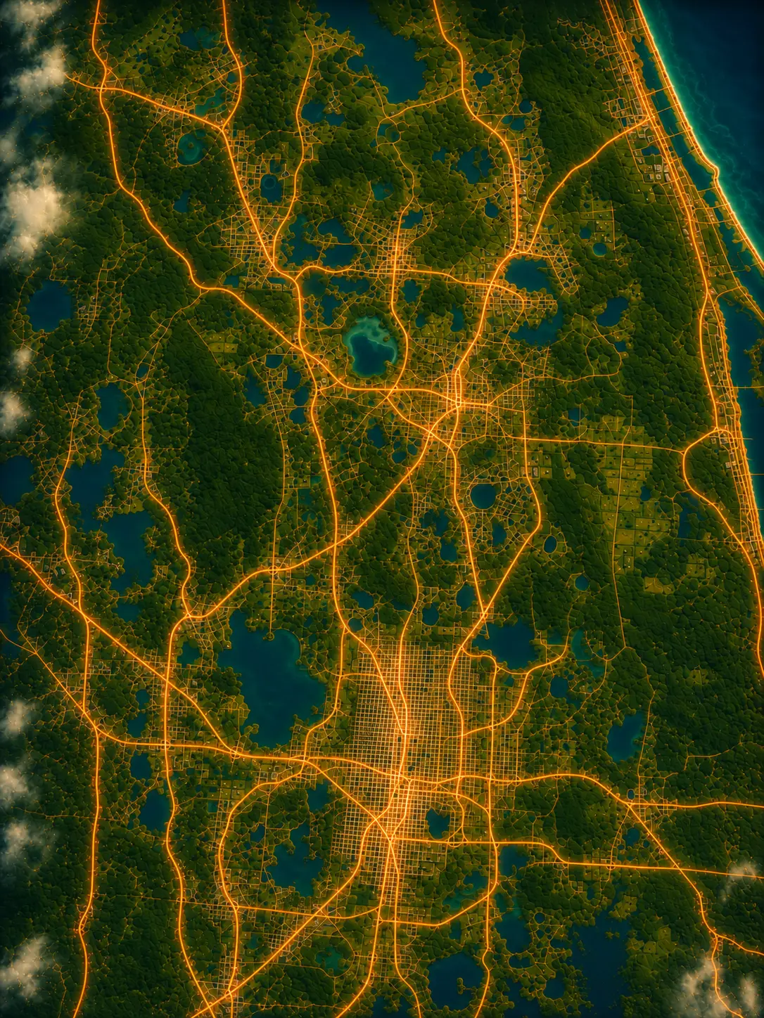 Central Florida roofing and solar service area map with 35 communities from Leesburg and Clermont to Daytona Beach and New Smyrna