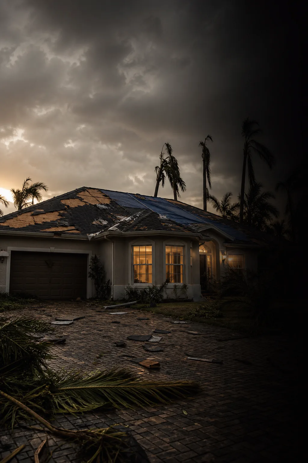 Central Florida home with a storm-damaged roof covered by an emergency tarp after a hurricane