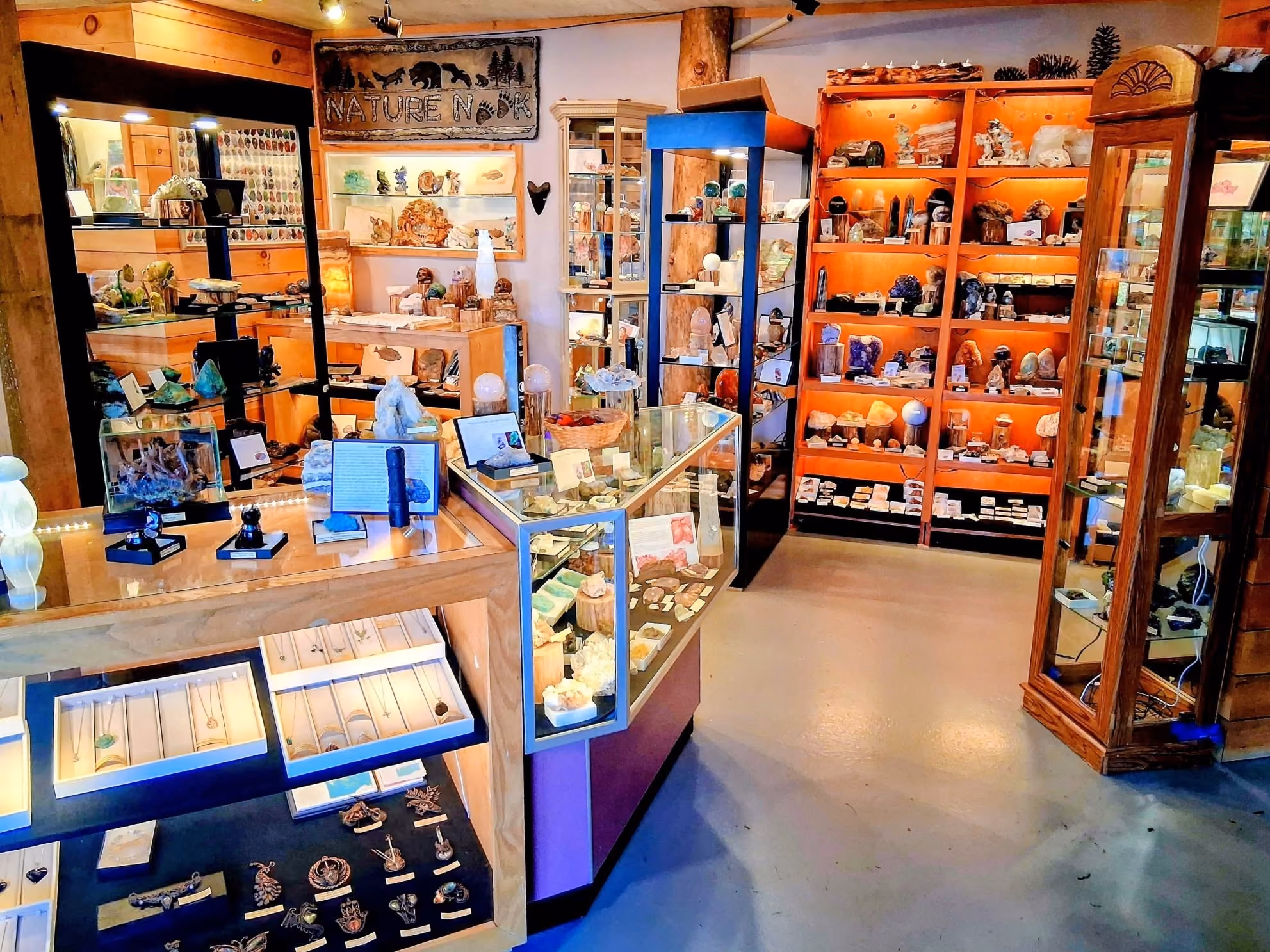 Interior of a nature shop with glass cases displaying crystals, stones, and jewelry.