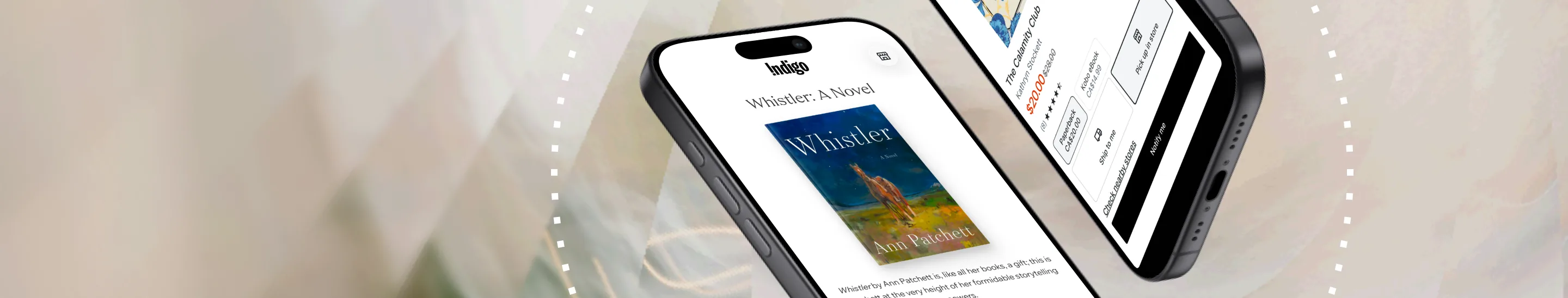 Two smartphones showing book details and purchase options on a light blurred background.