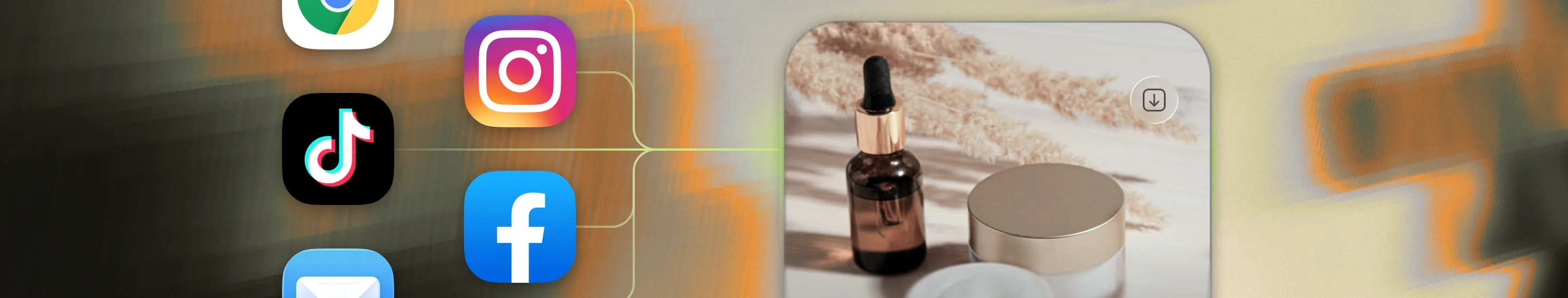 Instagram, Facebook and TikTok icons linked to a phone showing skincare serum and cream products.