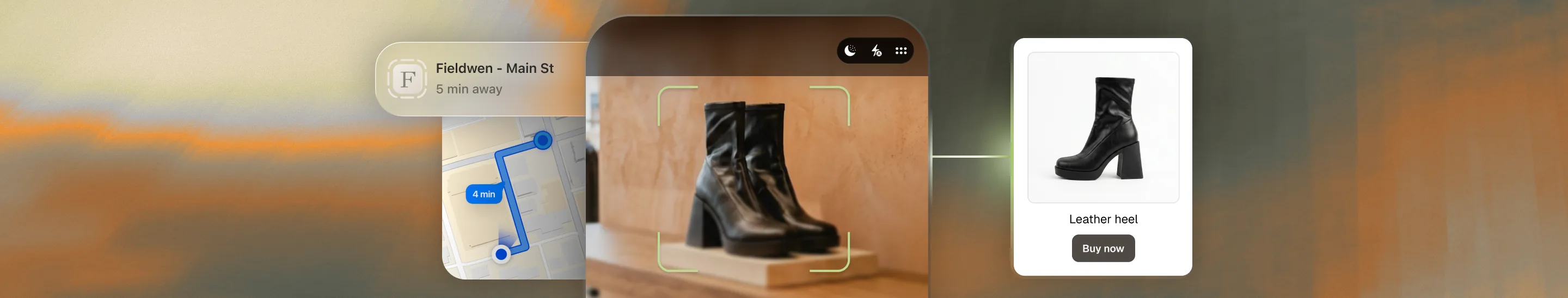 Black boots on a store shelf with a delivery map and a Leather heel Buy now product card.
