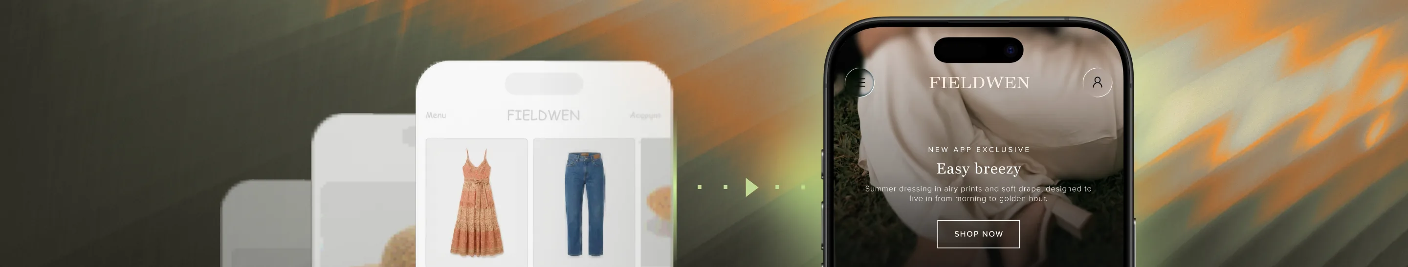 A web store product grid transitioning to a phone showing the Fieldwen app with a Shop Now button.