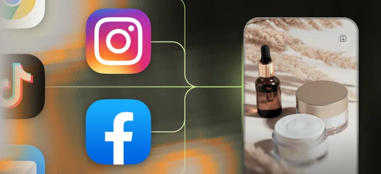 Instagram, Facebook and TikTok icons linked to a phone showing skincare serum and cream products.