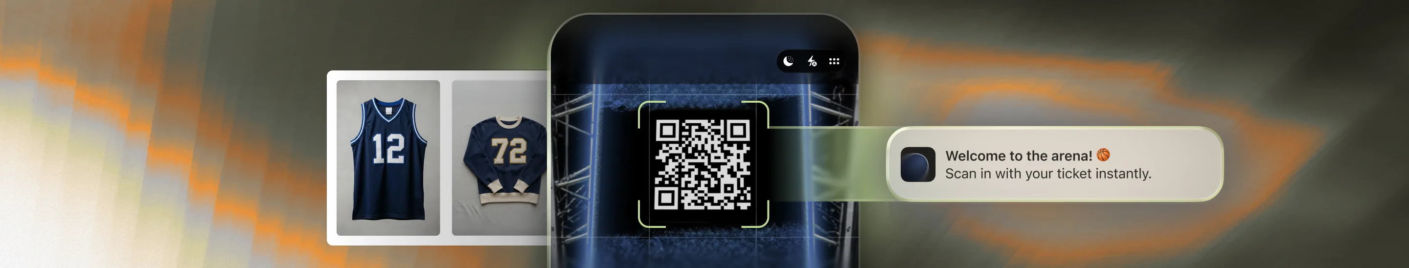 Two basketball jerseys and a phone scanning a QR code with a Welcome to the arena ticket check-in.