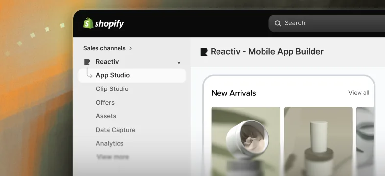 Shopify admin showing the Reactiv Mobile App Builder App Studio with a New Arrivals product grid.