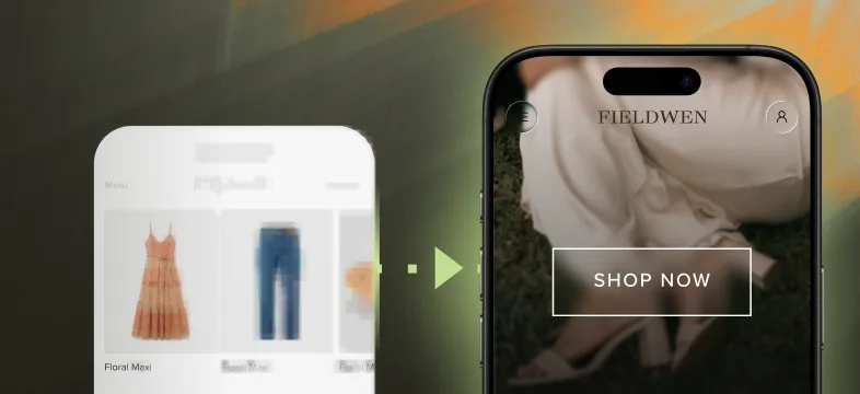 A web store product grid with an arrow pointing to a phone showing the Fieldwen app with a Shop Now button.