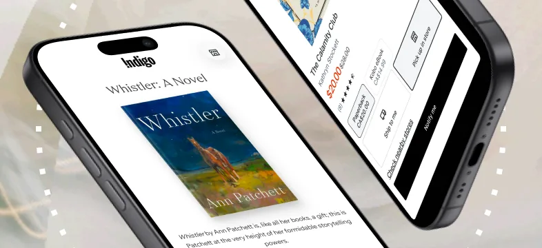 Two smartphones display an online bookstore app showing the novel Whistler by Ann Patchett and purchase options.