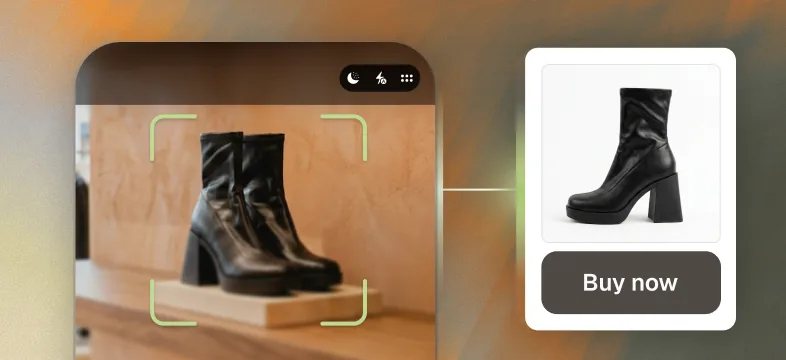 Phone scanning black boots on a store shelf, with a Buy now product card for the boots alongside.