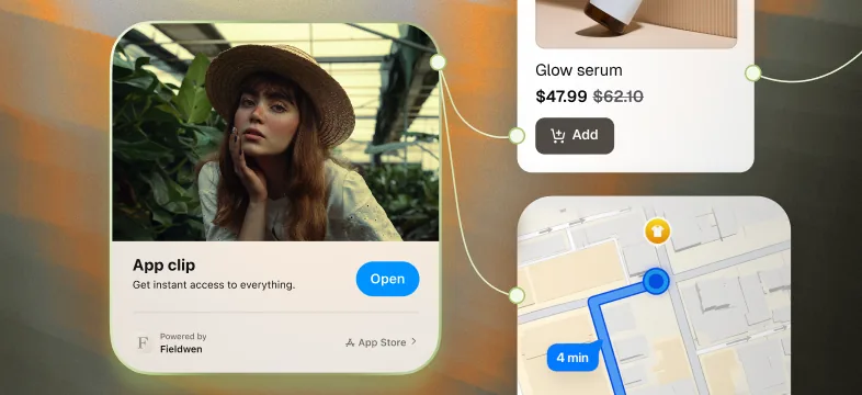 App clip interface showing a woman in a hat, with buttons to open, add product, and a 4-minute map route.