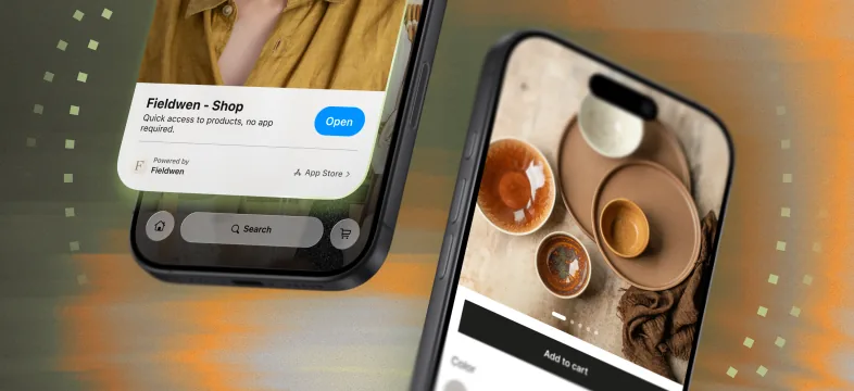 Two smartphones displaying online shop interfaces with product images and purchase options.