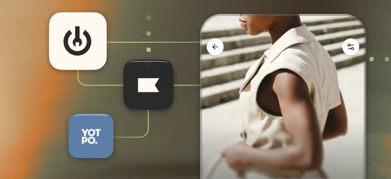 App icons for Yotpo and other tools linked by lines to a phone showing a shopper in a white top.