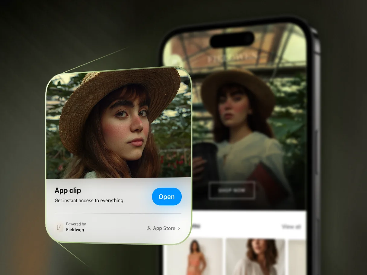 Close-up of a woman in a straw hat with an app clip open button overlay on a phone screen.