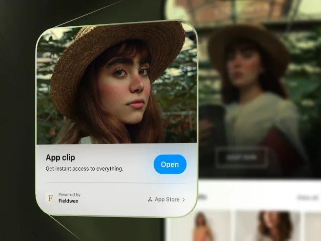 App clip popup with a young woman wearing a straw hat and an Open button for instant access.