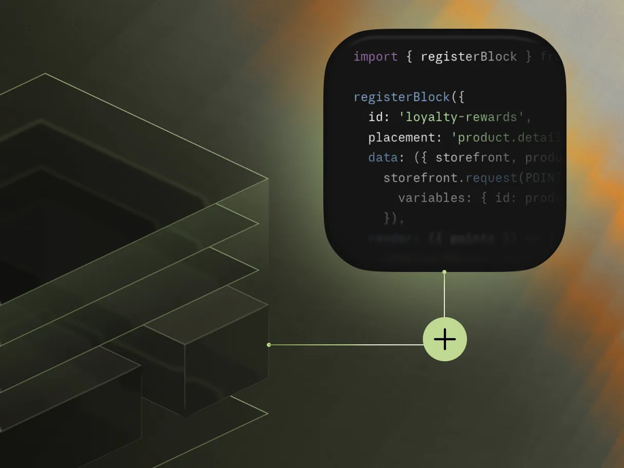 Custom SDK code snippet registering a loyalty rewards block, floating on a dark geometric platform.