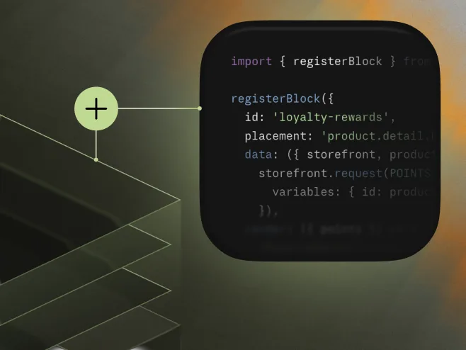 Custom SDK code snippet registering a loyalty rewards block, floating on a dark geometric platform.