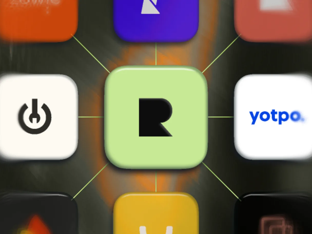 Reactiv app icon at the center of a grid, connected by lines to Shopify ecosystem app icons including Yotpo.