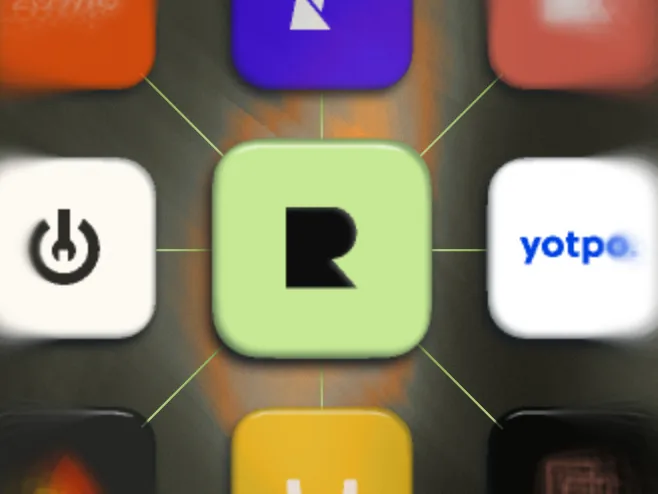 Reactiv app icon at the center of a grid, connected by lines to Shopify ecosystem app icons including Yotpo.