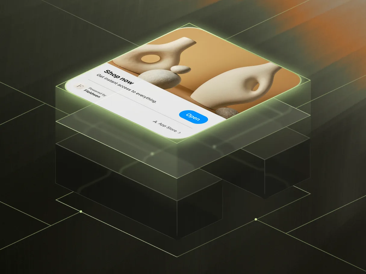 Glowing transparent box with an app card reading Shop now and an Open button floating above it.