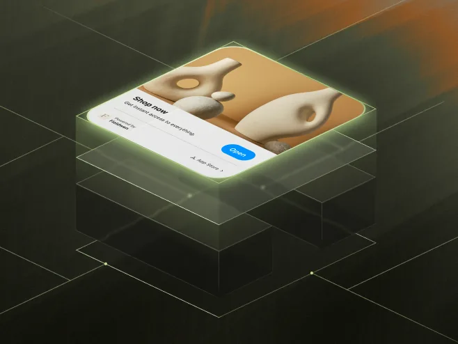 3D layered interface with an online shop card showing abstract vase art and a blue Open button.