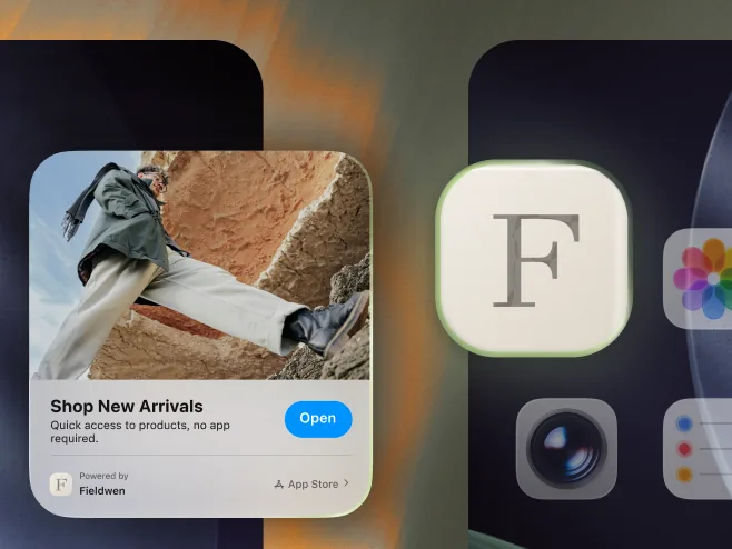 Screen showing ad for Fieldwen app with a person climbing rocks and a button labeled Open.
