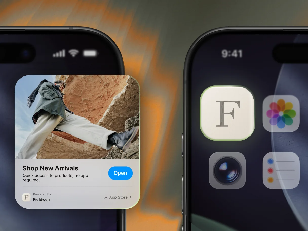 Phone screen shows a shopping card with a person stepping on rocks and app icons including Fieldwen and Photos.