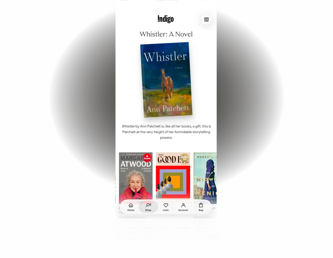 Mobile app screen showing Whistler by Ann Patchett with other book covers and navigation menu.