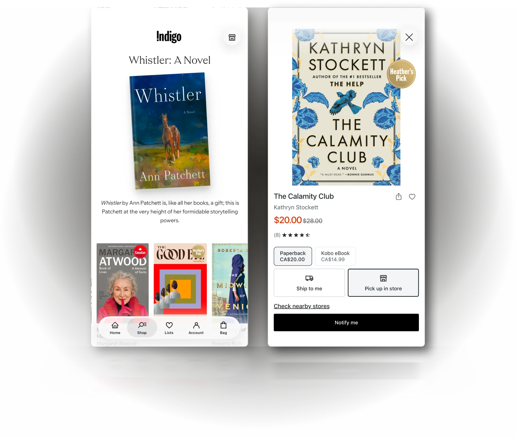Indigo app showing book Whistler by Ann Patchett and The Calamity Club by Kathryn Stockett for $20.
