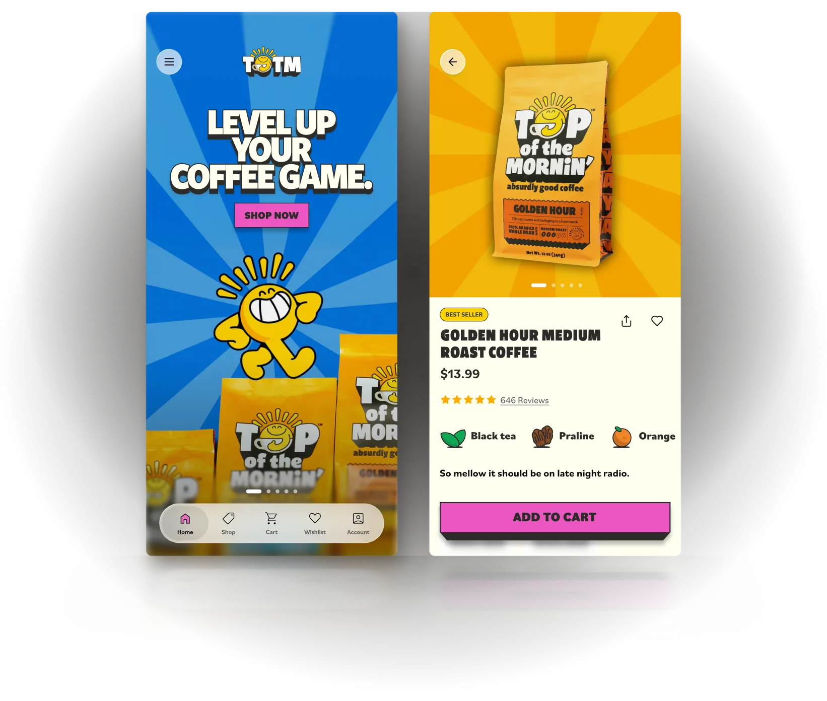 Mobile app screens showing Top of the Mornin' coffee bags and Golden Hour Medium Roast coffee details with price $13.99.