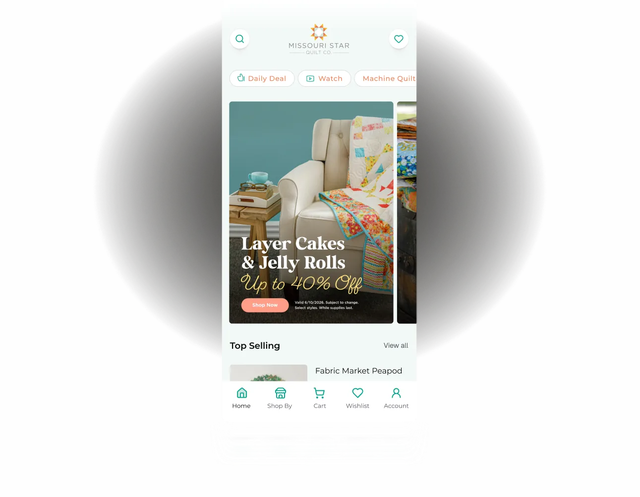 Mobile screen showing Missouri Star Quilt Co. app with quilt sale and navigation icons.