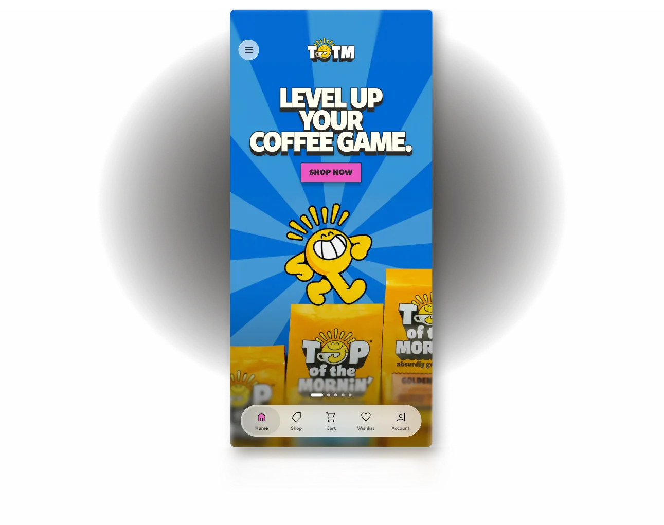 Mobile site screen with bright blue background, cartoon sun character, coffee bags, and text Level up your coffee game.