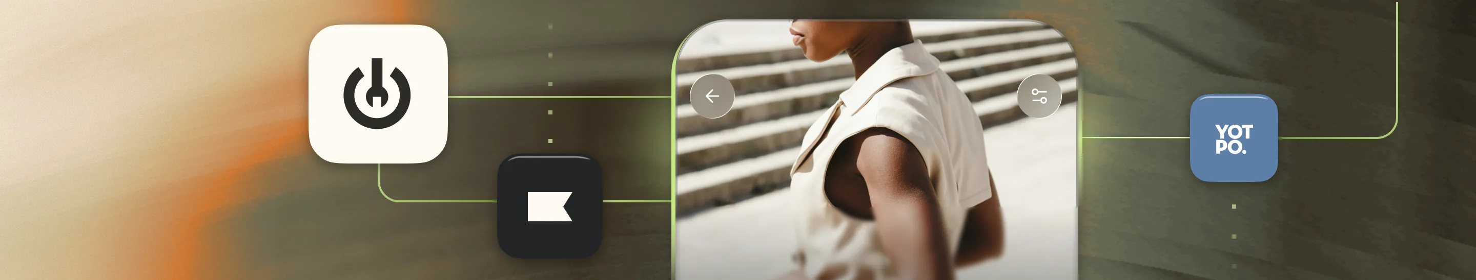 Integration app icons linked to a photo of a person, illustrating Reactiv's connected integrations.