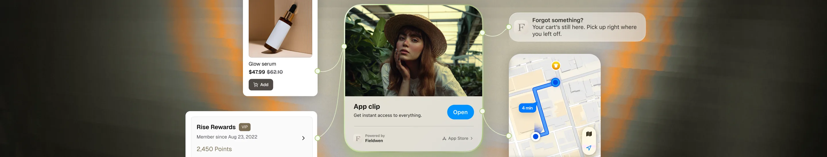 Collage showing app features: product listing with price, user rewards, map route, and a woman with hat labeled App clip.