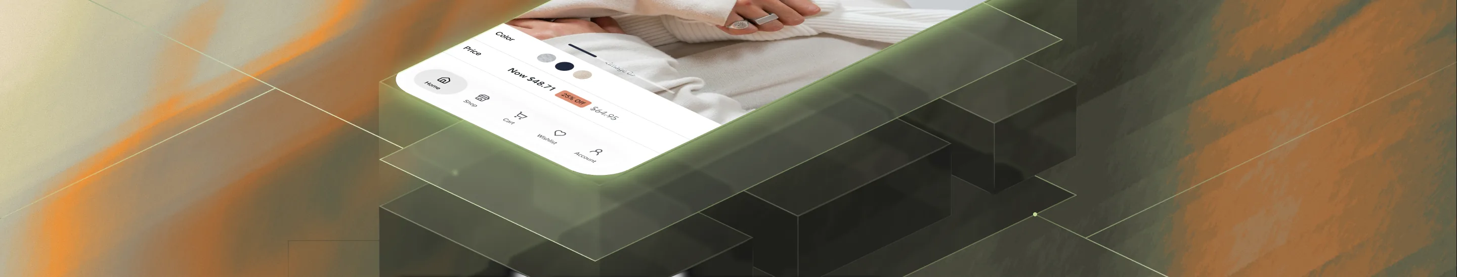 Smartphone showing a shopping app on layered translucent platform panels, over an orange gradient.