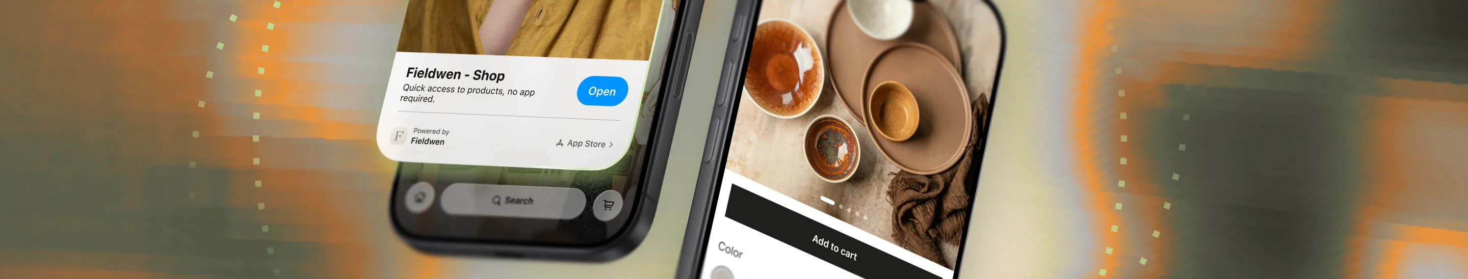 Two smartphones showing product shopping app with coffee cups and add to cart button.