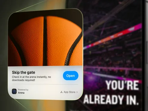 App Clip reading Skip the gate, check in at the arena instantly, over a basketball and arena crowd.