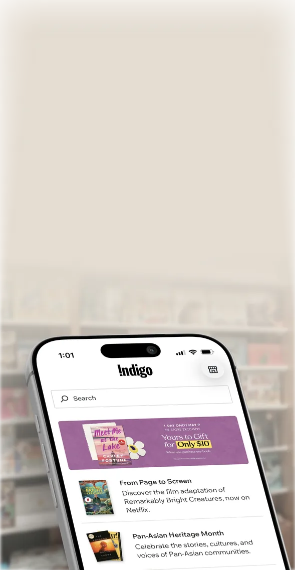 Indigo app on iPhone in a bookstore