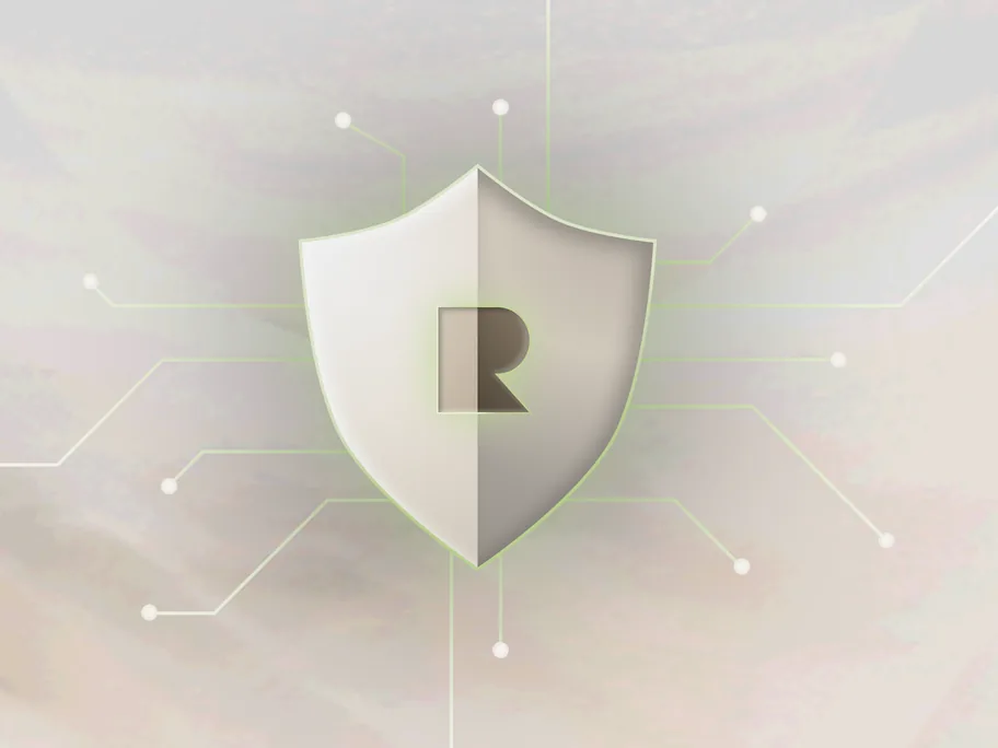 Shield icon with letter R at center connected to dots by lines, symbolizing security network.