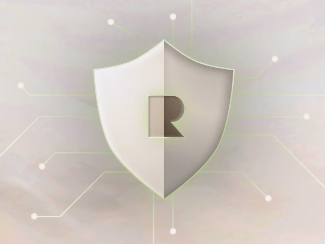 Gray shield with a stylized letter R in the center and circuit-like lines extending outward.