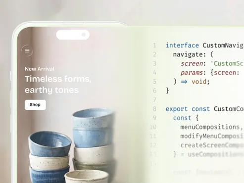 Smartphone screen showing pottery with 'Timeless forms, earthy tones' and code on the right side.